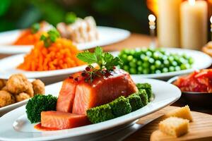 a table with various types of food on it. AI-Generated photo