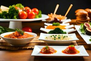 un mesa con varios tipos de comida en él. generado por ai foto