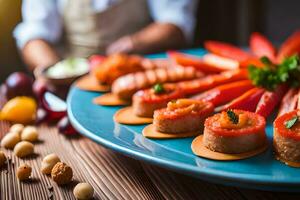 un plato de aperitivos con un cocinero en el antecedentes. generado por ai foto