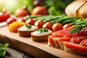 salmon, tomatoes, cucumbers and other vegetables on a cutting board. AI-Generated photo