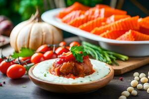 a bowl of mashed potatoes with vegetables and meat. AI-Generated photo