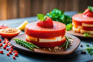 two slices of cake with strawberries and herbs. AI-Generated photo