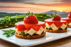 three small sandwiches with cheese and strawberries on a white plate. AI-Generated photo