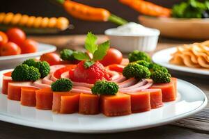 un plato de comida con vegetales y carne. generado por ai foto