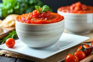 two bowls of tomato soup with tomatoes and herbs. AI-Generated photo