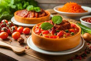 two bowls of food with vegetables and meat. AI-Generated photo