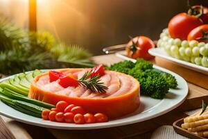 un plato de comida con vegetales y carne. generado por ai foto