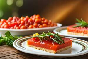 dos rebanadas de carne y vegetales en platos. generado por ai foto