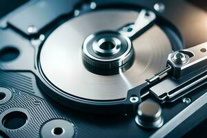 a close up of a hard drive with a metal disk. AI-Generated photo