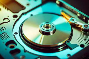 a close up of a hard drive with a disk. AI-Generated photo