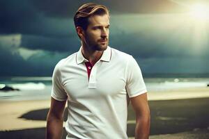 a man in a white polo shirt standing on the beach. AI-Generated photo