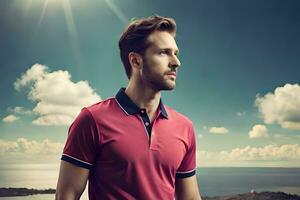 a man in a red polo shirt standing on a hill. AI-Generated photo