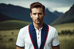 un hombre en un blanco camisa y azul y rojo adornos. generado por ai foto