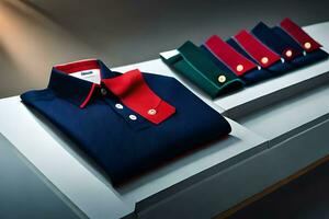 a blue and red polo shirt with red and green buttons. AI-Generated photo