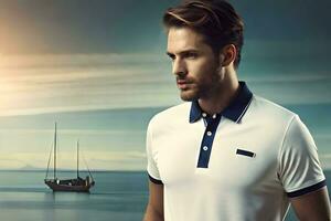 a man in a white shirt and blue polo shirt standing by the ocean. AI-Generated photo