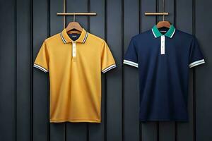 two polo shirts hanging on a wooden wall. AI-Generated photo