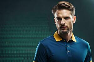 a man in a blue polo shirt and yellow collar. AI-Generated photo