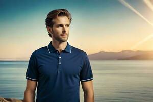 a man in a blue polo shirt standing on a rock. AI-Generated photo