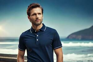 a man in a blue polo shirt standing on a beach. AI-Generated photo