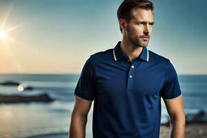 a man in a blue polo shirt standing on the beach. AI-Generated photo