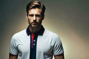 un hombre en un blanco camisa y rojo y azul polo camisa. generado por ai foto