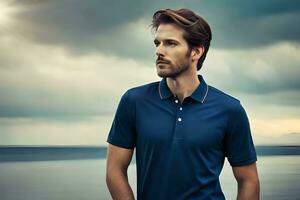 a man in a blue polo shirt standing on the beach. AI-Generated photo
