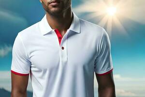 a man in a white polo shirt and red trim. AI-Generated photo