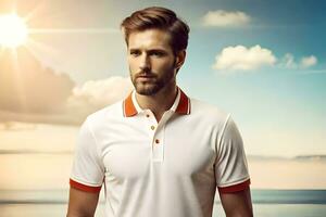 a man in a white polo shirt and orange collar. AI-Generated photo