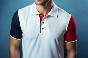 a man in a white polo shirt with red, white and blue accents. AI-Generated photo