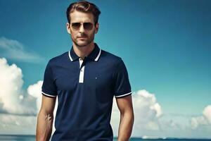 a man in sunglasses and a blue polo shirt. AI-Generated photo