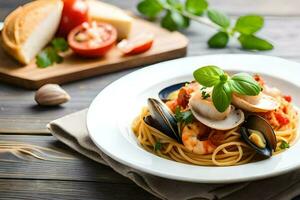 spaghetti with mussels and clams. AI-Generated photo