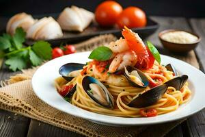 spaghetti with mussels and shrimp. AI-Generated photo
