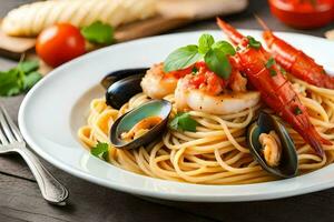 spaghetti with shrimp and mussels on a wooden table. AI-Generated photo