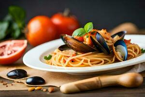 spaghetti with mussels and tomatoes on a wooden table. AI-Generated photo