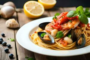 spaghetti with shrimp and mussels on a plate. AI-Generated photo
