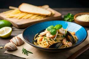 spaghetti with mussels and shrimp in a bowl. AI-Generated photo