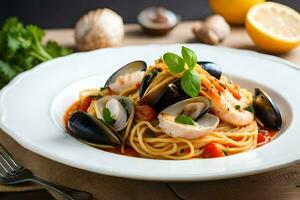 spaghetti with mussels and clams in tomato sauce. AI-Generated photo