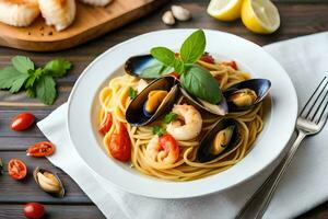 spaghetti with mussels and clams. AI-Generated photo