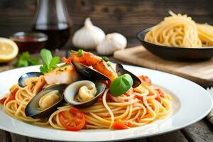 spaghetti with mussels and clams. AI-Generated photo