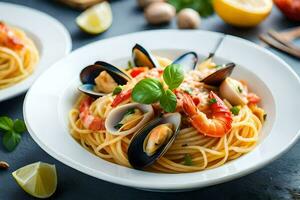 spaghetti with mussels and clams in a white bowl. AI-Generated photo
