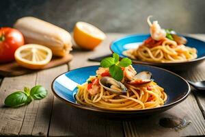spaghetti with clams and tomatoes in a blue bowl. AI-Generated photo