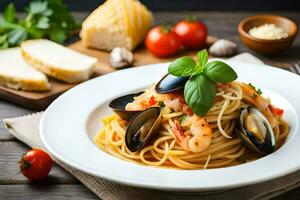 spaghetti with mussels and shrimp in a white plate. AI-Generated photo