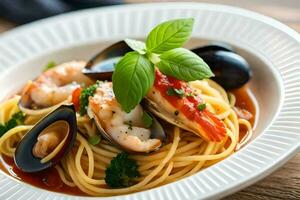 a plate of spaghetti with mussels, shrimp and tomatoes. AI-Generated photo