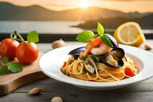 spaghetti with mussels and tomatoes on a wooden table. AI-Generated photo