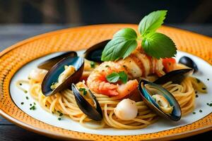 un plato de pasta con Mariscos y mejillones. generado por ai foto