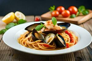 spaghetti with mussels and shrimp in a white plate on a wooden table. AI-Generated photo