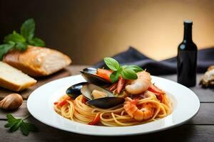 spaghetti with mussels, clams and bread on a wooden table. AI-Generated photo