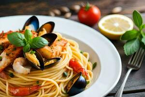 spaghetti with seafood and tomatoes. AI-Generated photo