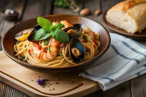 spaghetti with mussels and clams in a bowl. AI-Generated photo