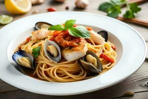 spaghetti with seafood and mussels in a white plate. AI-Generated photo
